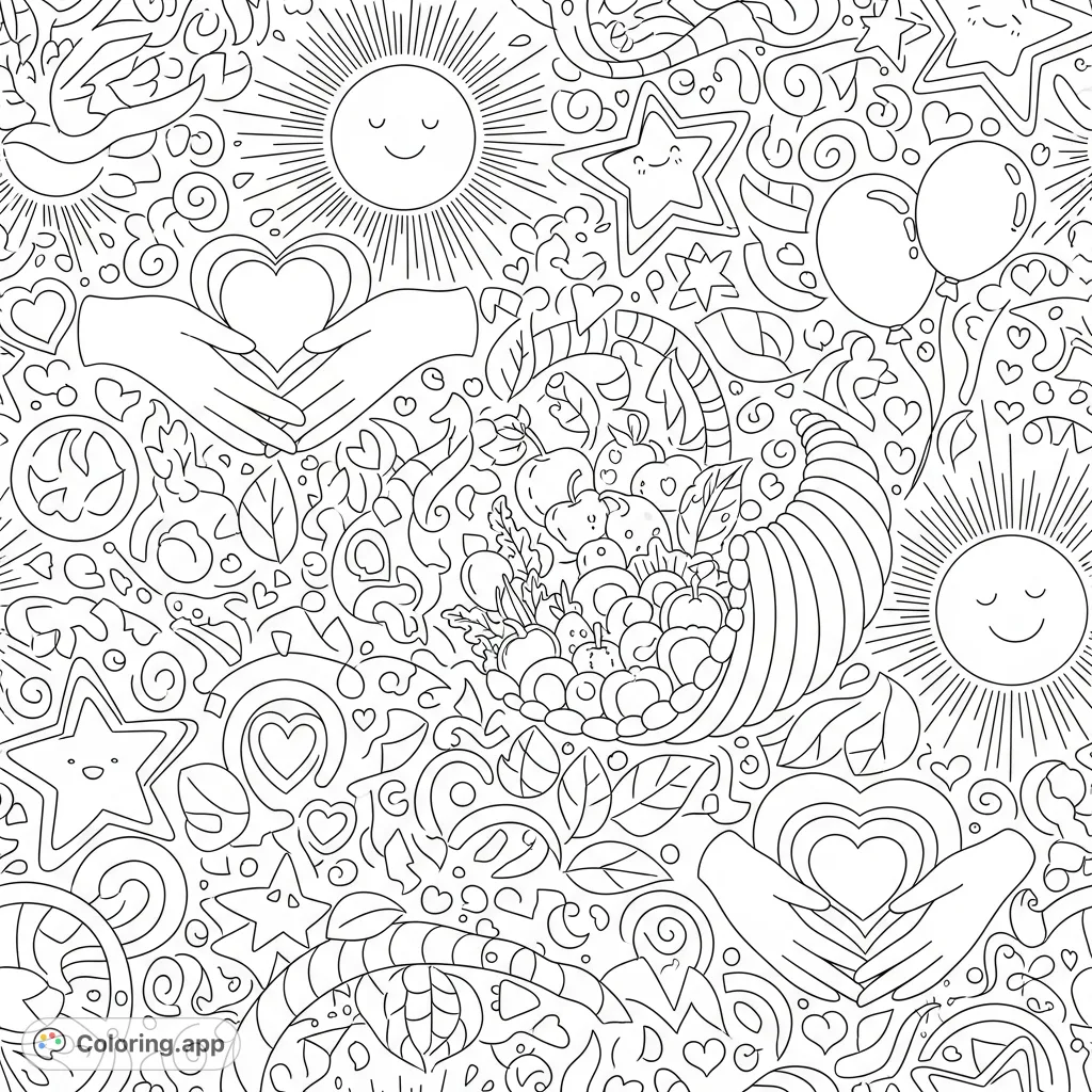 A heartwarming thankfulness coloring page filled with symbols of joy, community, and kindness. Perfect for fostering positive feelings.