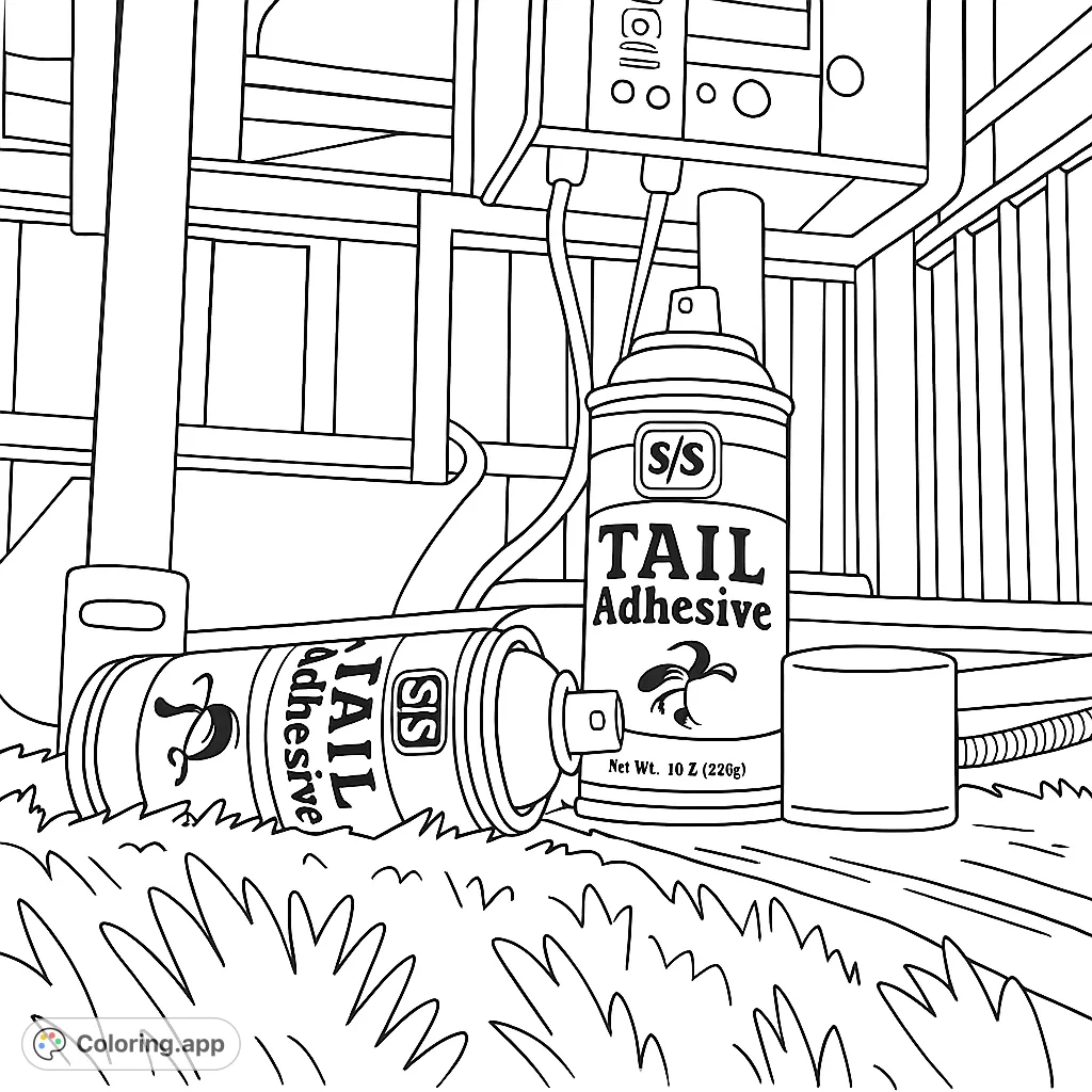 A detailed coloring page featuring two adhesive spray cans, one upright and one lying down, set against an industrial background. Perfect for a unique coloring challenge.