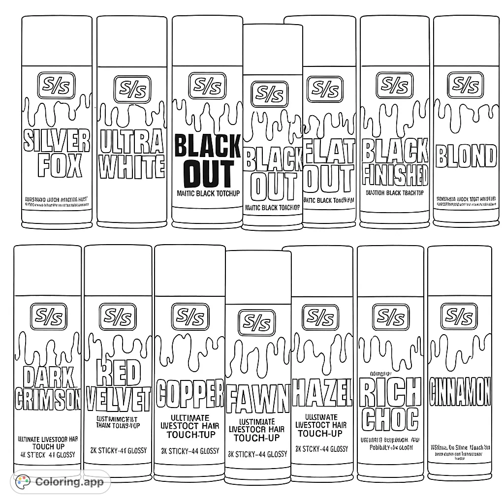 A detailed coloring page featuring fifteen aerosol spray cans with unique labels and dripping liquid effects, perfect for artists and product design enthusiasts.