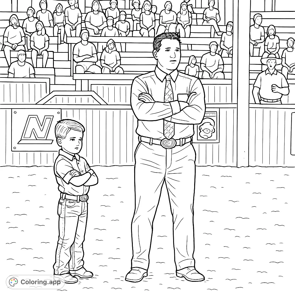 A man and a boy stand with arms crossed in an arena, observing an event. This arena duo coloring page captures a moment of quiet anticipation.
