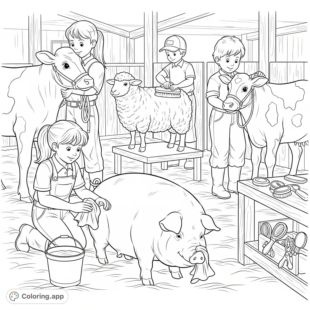 A charming barn aisle scene where children meticulously groom their pig, sheep, and calf for a show. Full of detail, perfect for farm animal enthusiasts.