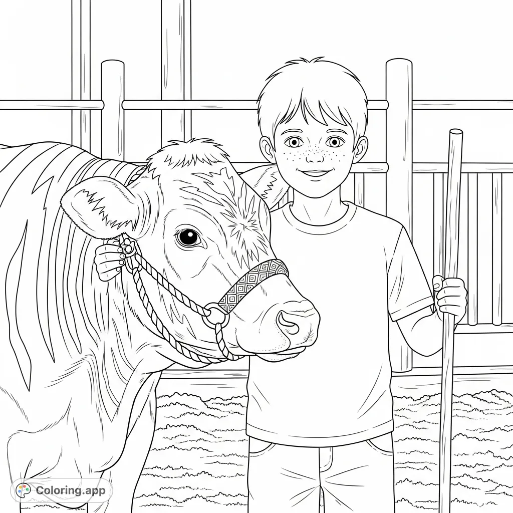 A heartwarming farm scene featuring a smiling boy with freckles embracing a striped calf in a barn. Perfect for a charming farm life coloring page.