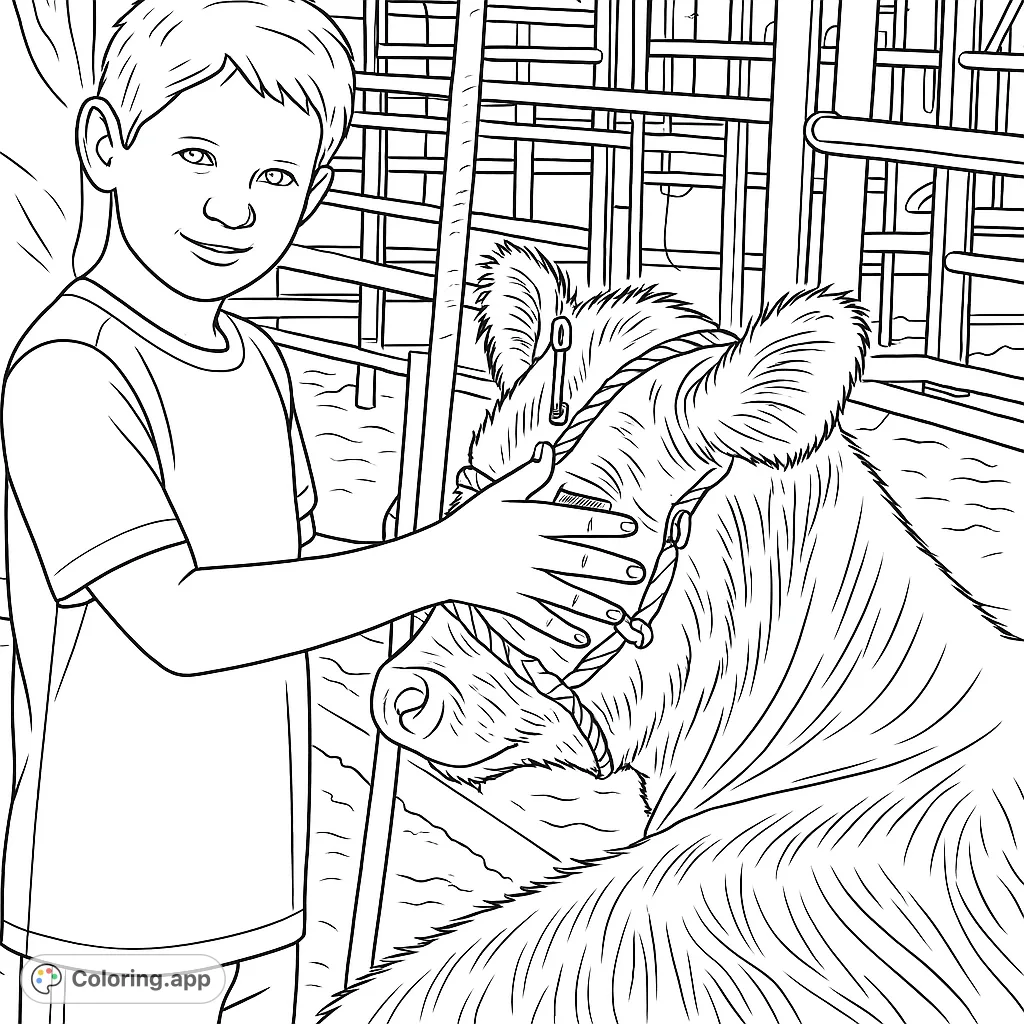 A heartwarming scene of a young boy gently petting a calf in a barn, perfect for animal lovers and aspiring farmers.
