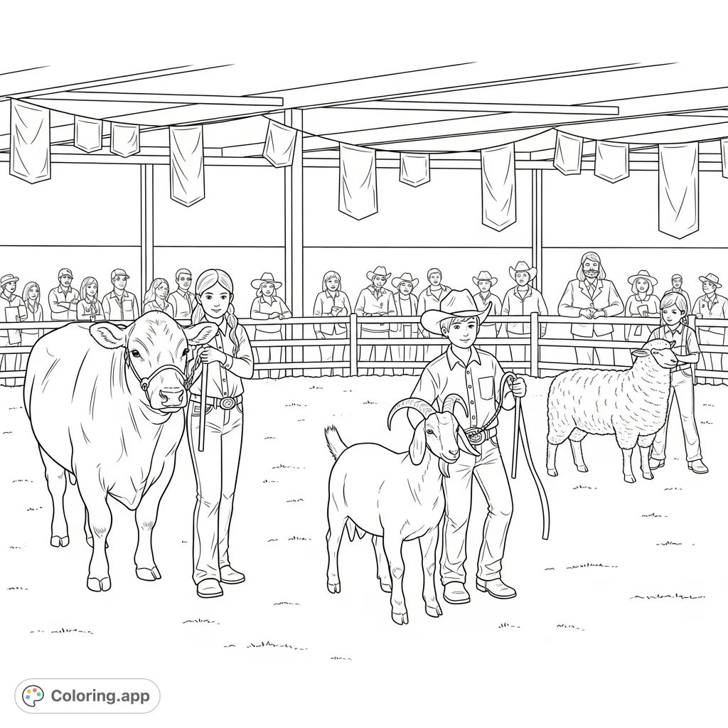Experience the excitement of a livestock show! Children proudly parade their steer, goat, and sheep in a detailed arena, perfect for animal lovers to color.