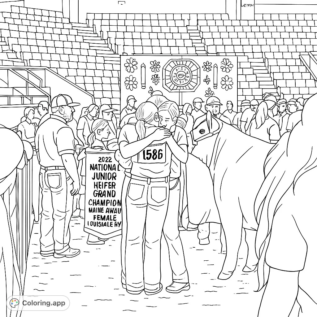 Capture the emotional moment of two young women embracing at a cattle show, celebrating with their prize-winning heifer. A heartwarming scene for all ages.