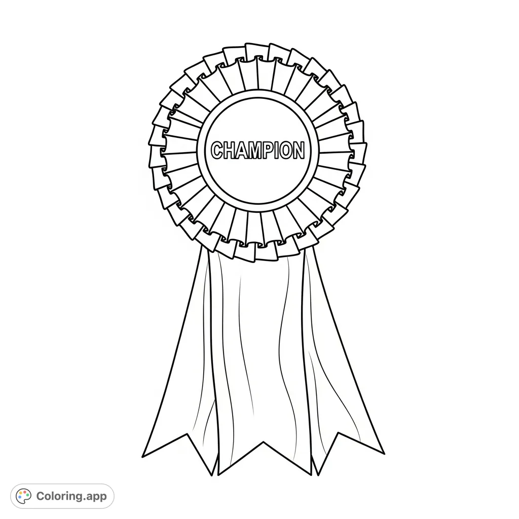 Celebrate success with this detailed champion rosette ribbon coloring page. Features pleated layers, a central medallion with 'CHAMPION' text, and flowing streamers.