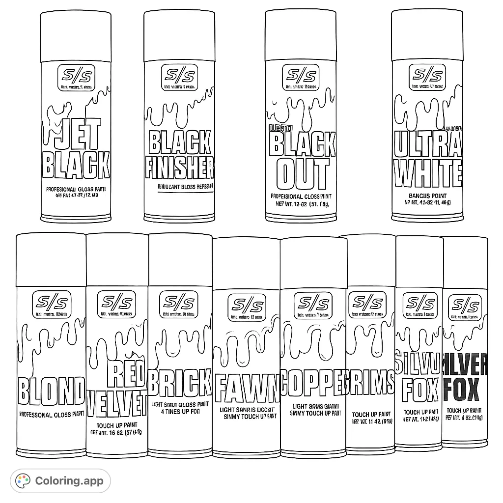 A detailed collection of ten spray cans, each with unique labels and dripping liquid patterns, offering an engaging challenge for colorists.
