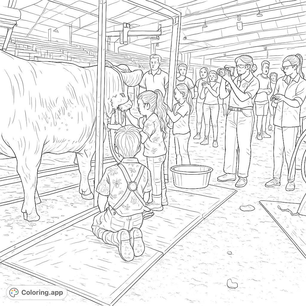 Experience the joy of farm life with this charming coloring page featuring children grooming a large bovine at an agricultural fair.