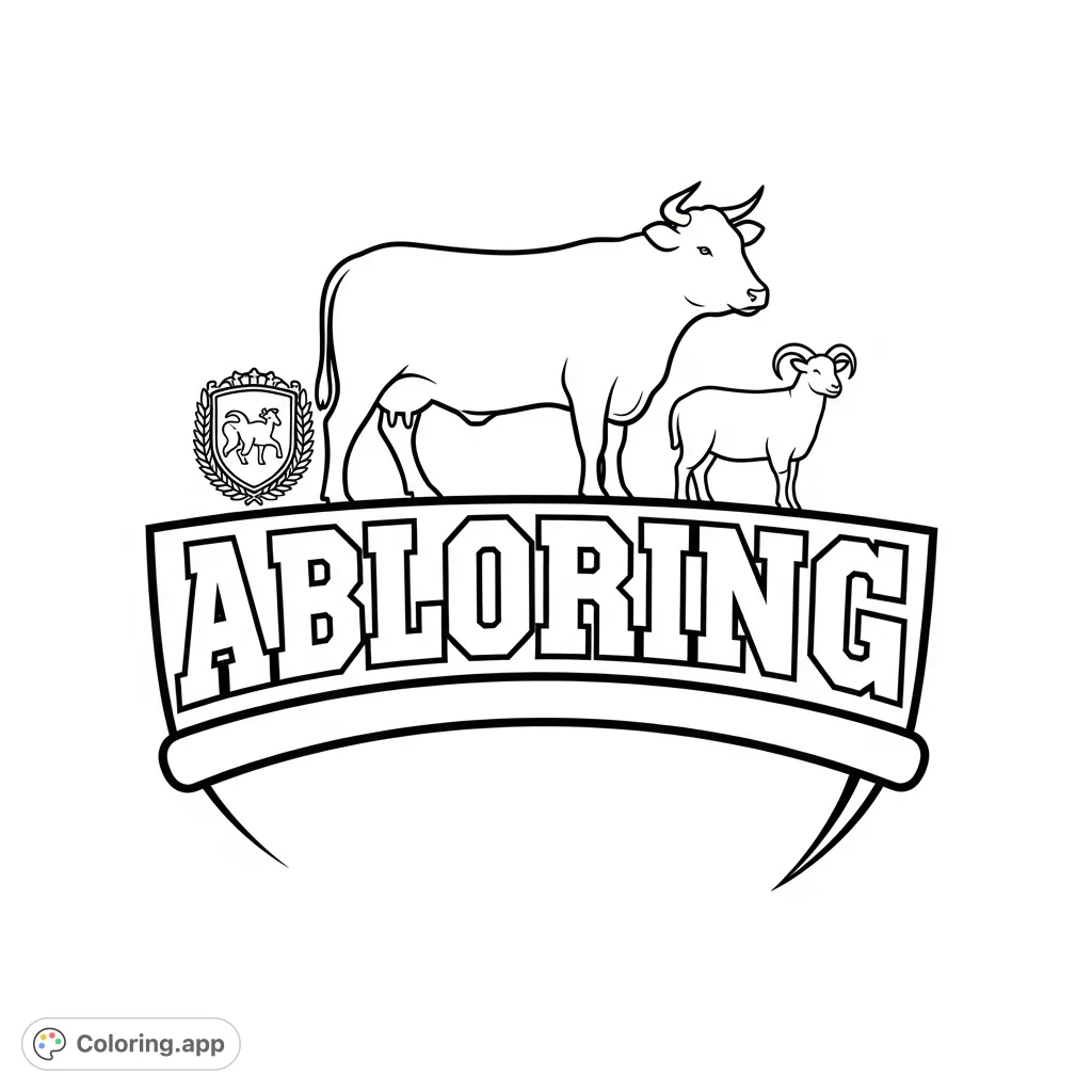 A charming graphic design featuring livestock animal silhouettes, bold block lettering, and a distinct emblem, all contained within a rounded shape. Perfect for farm-themed fun.