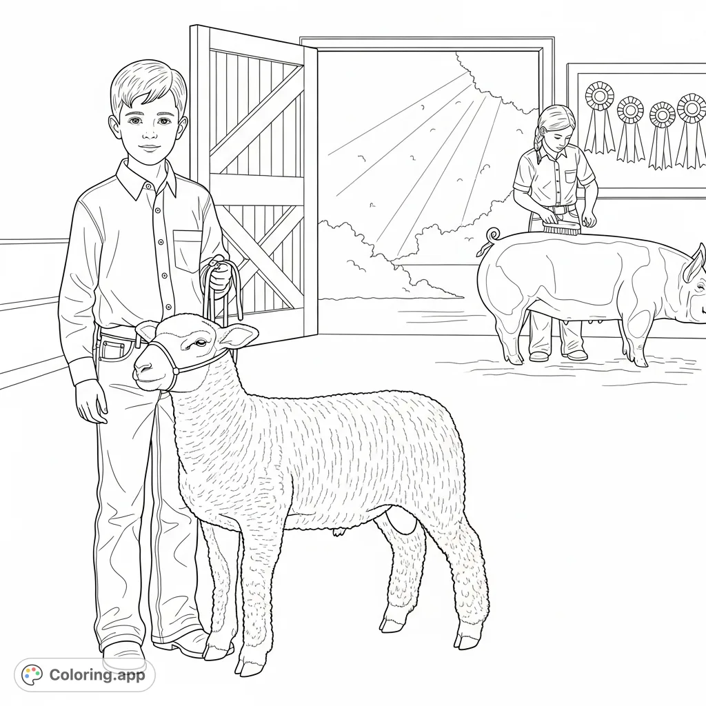 A heartwarming farm show scene featuring a boy with his prize lamb and a girl grooming her pig, bathed in sunlight. Perfect for a farm show coloring page.