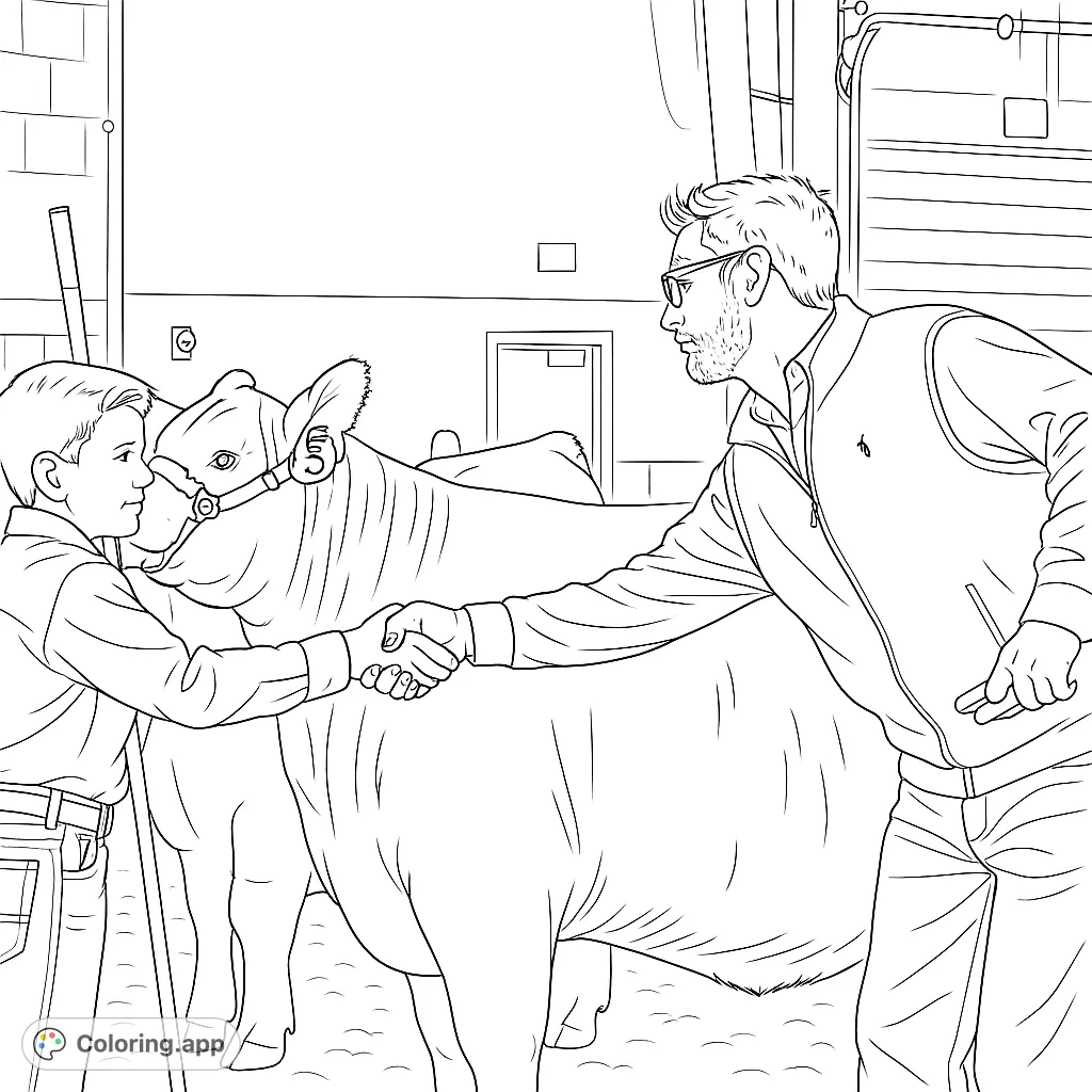A heartwarming scene of a young boy and an adult shaking hands over a bovine at a farm show. Celebrate agriculture, mentorship, and community.