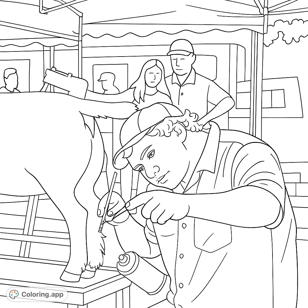 A detailed goat grooming scene, perfect for animal lovers. Features a person carefully preparing a goat, set against a lively outdoor event backdrop.