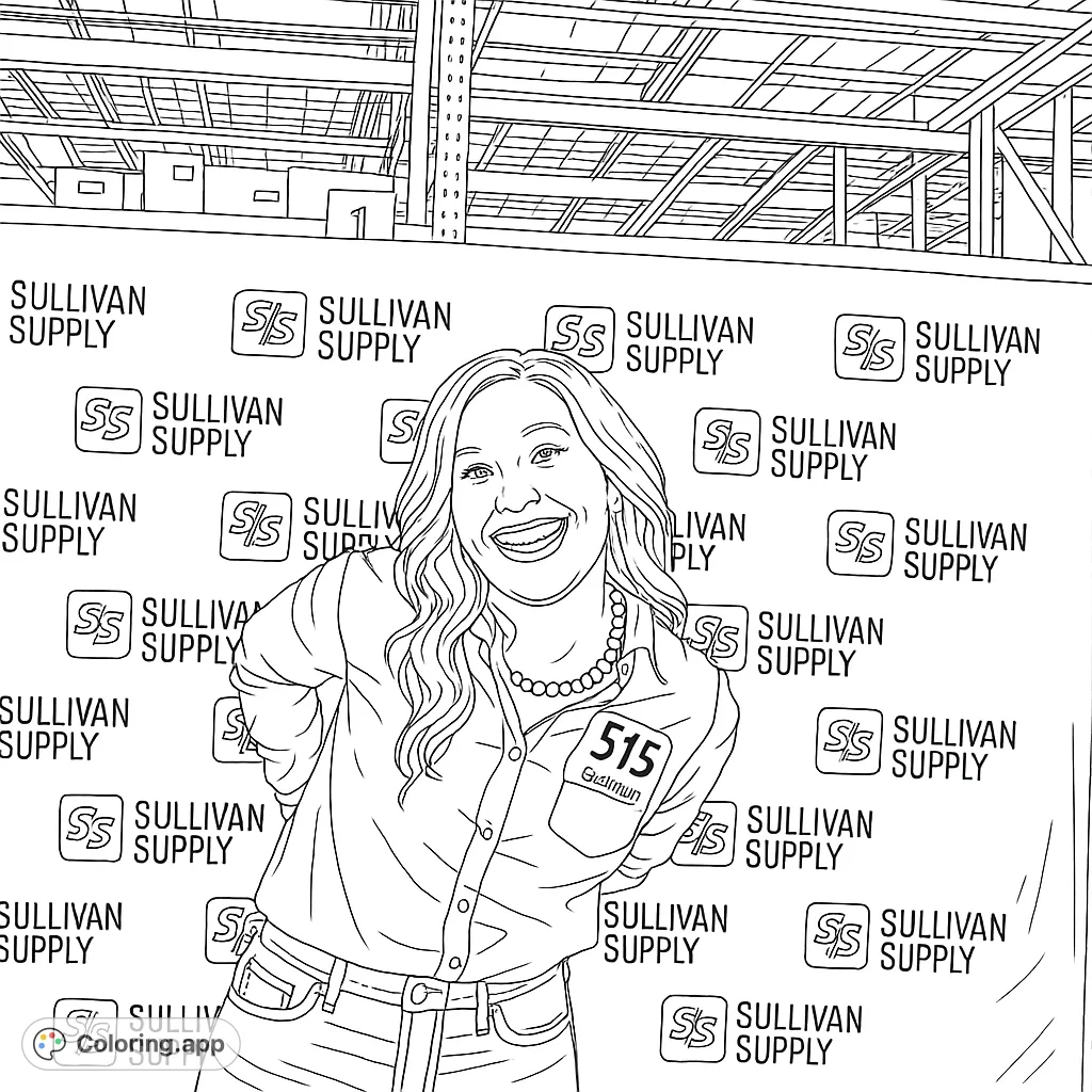 A cheerful woman with wavy hair and a beaded necklace smiles broadly against a patterned backdrop, offering a delightful portrait for creative coloring.