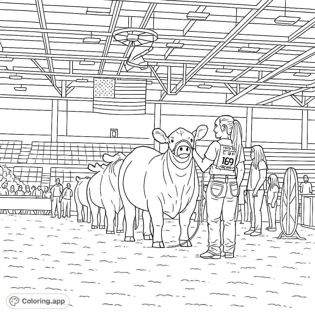 A young exhibitor proudly presents their cow in a show ring, with other livestock and spectators. Perfect for farm and animal enthusiasts.