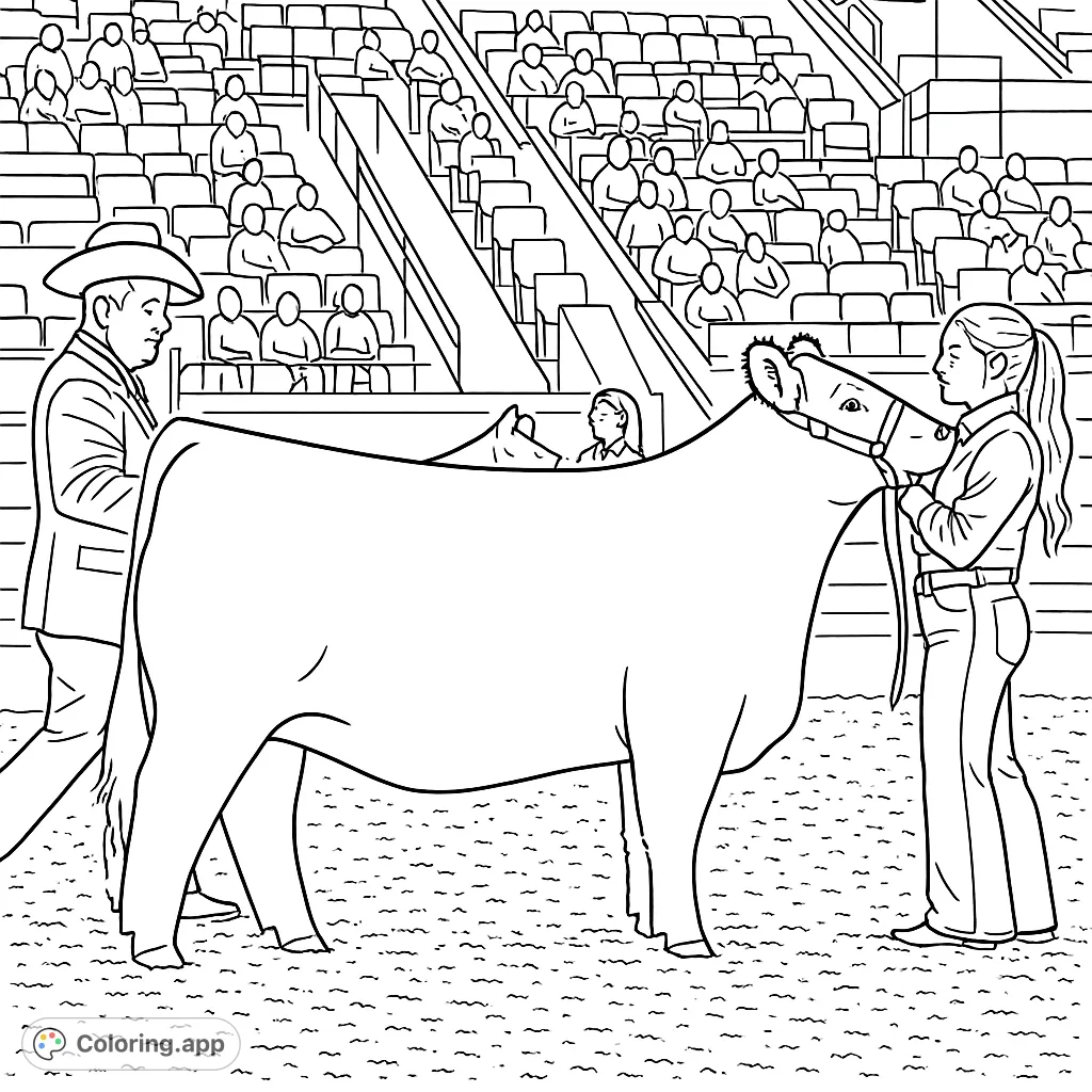 Capture the excitement of a livestock show with this detailed coloring page featuring a prize bovine, its handlers, and a bustling arena crowd.