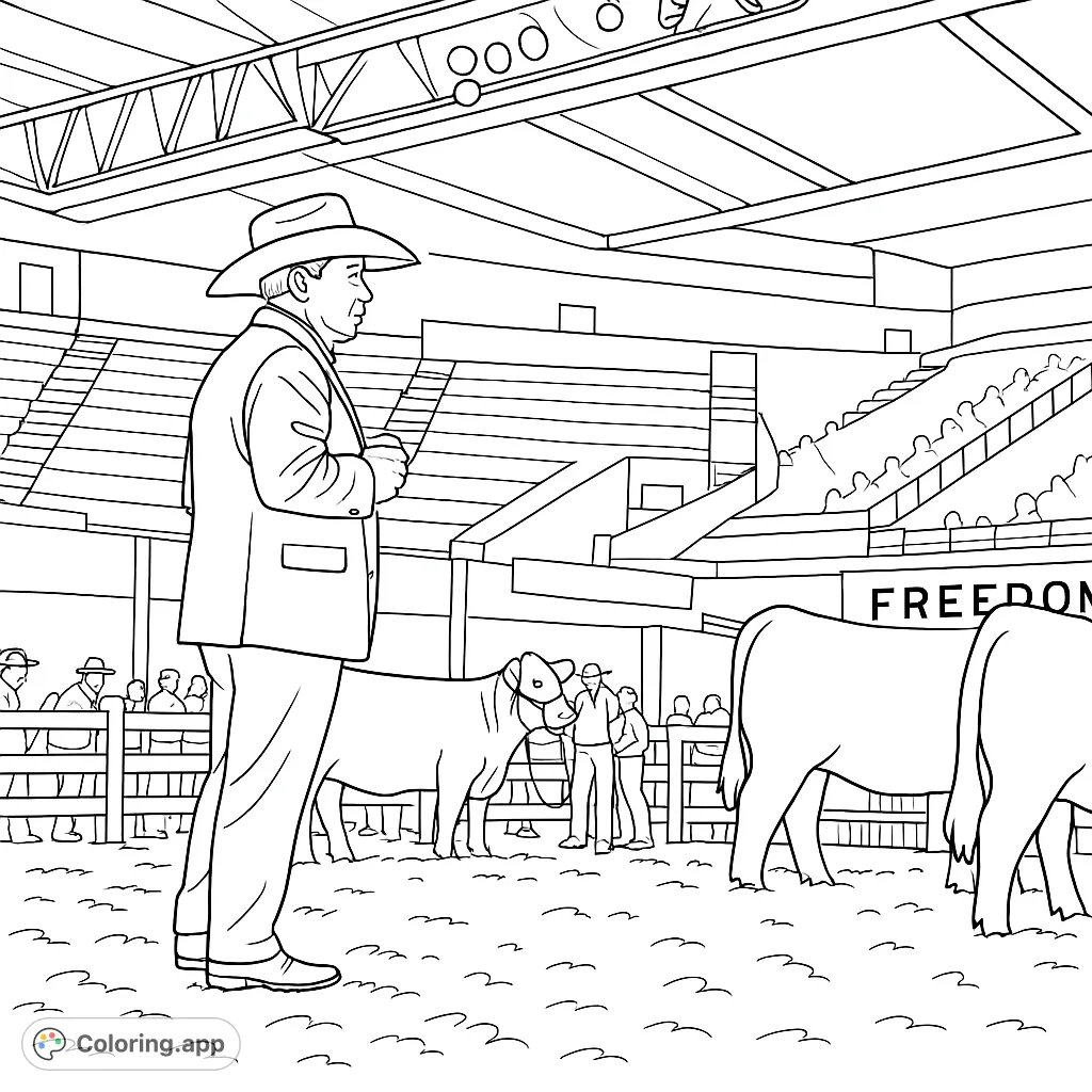 Step into the arena with this livestock show coloring page, featuring a judge, cattle, and an exciting exhibition atmosphere. Perfect for farm life enthusiasts.