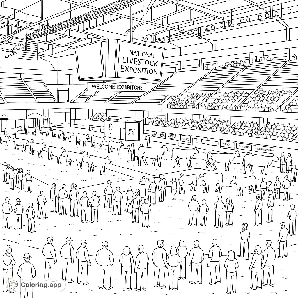 Experience the excitement of a bustling livestock show. This detailed coloring page features cattle, handlers, and spectators in a grand arena setting.
