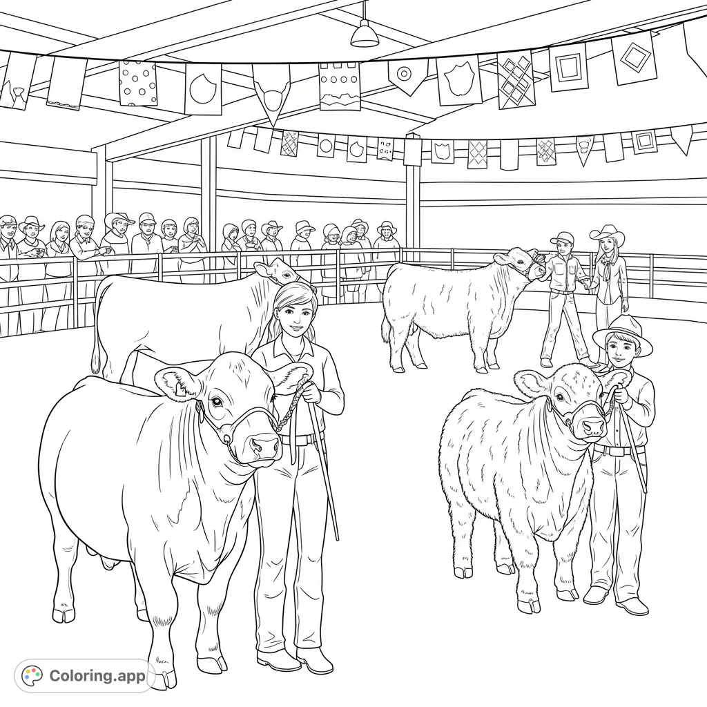 Experience the excitement of a livestock show! Children proudly present their steers in an arena filled with banners and spectators, perfect for a free printable coloring page.