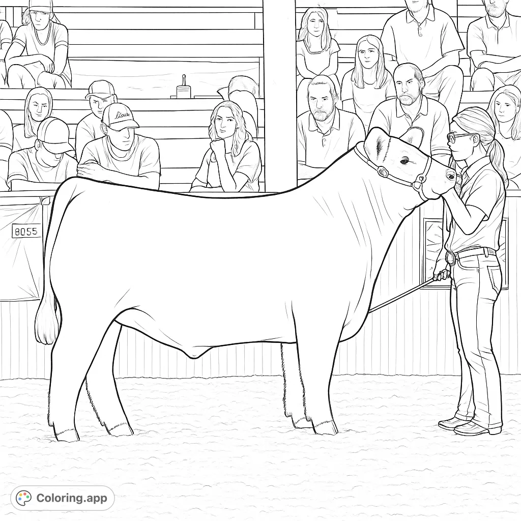 A detailed livestock show scene featuring a large bovine animal and its handler in an arena with spectators. Perfect for animal lovers.