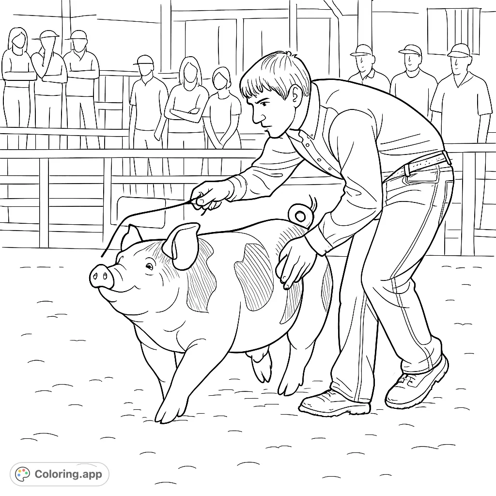 A young man grooms and guides a patterned pig at a livestock show, with spectators in the background. A detailed farm animal coloring page.