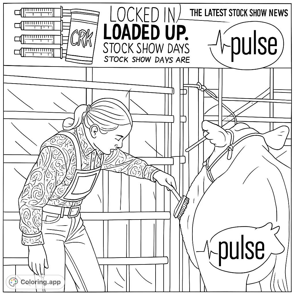 A detailed coloring page depicting a young person meticulously grooming a calf for a livestock show, set against a barn backdrop.