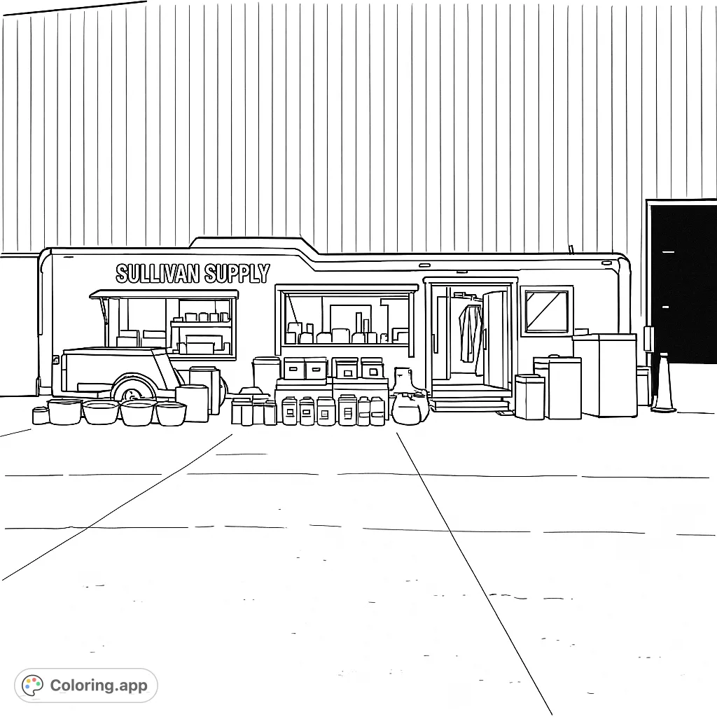 Explore a detailed mobile supply trailer with various items displayed, set against a large building. Perfect for enthusiasts of vehicles and supplies.