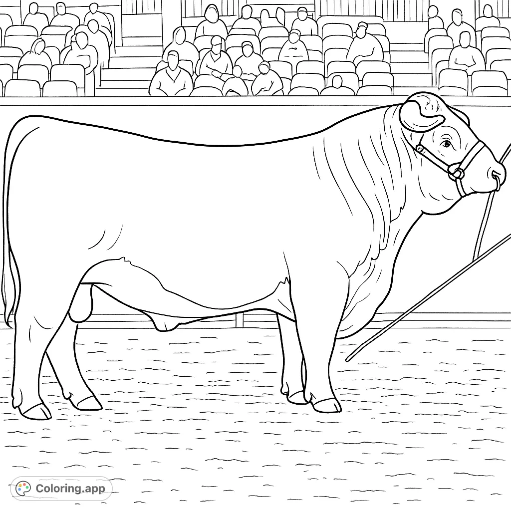 A powerful show bull stands proudly in an arena, ready for color. Perfect for farm animal enthusiasts and aspiring artists.