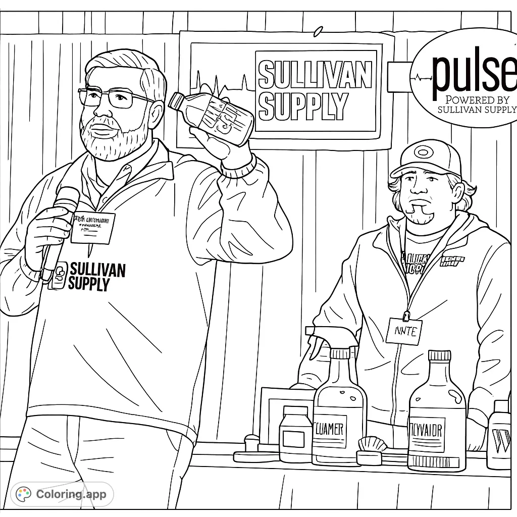 A man presents products at an event, holding a bottle and microphone, with various items on a table. A second figure stands in the background.