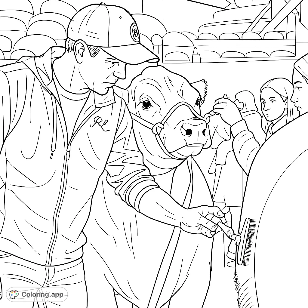 A man meticulously grooms a large show animal, preparing it for an event. Features detailed textures and a focused scene of animal care.