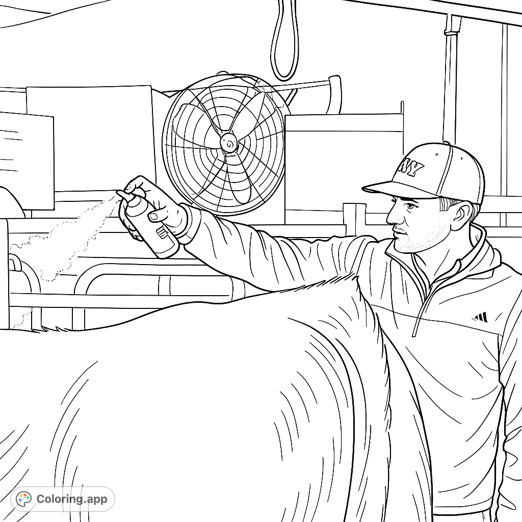 A detailed coloring page depicting a person grooming a large show animal with a spray can, set against a backdrop of a bustling arena. Perfect for farm life enthusiasts.