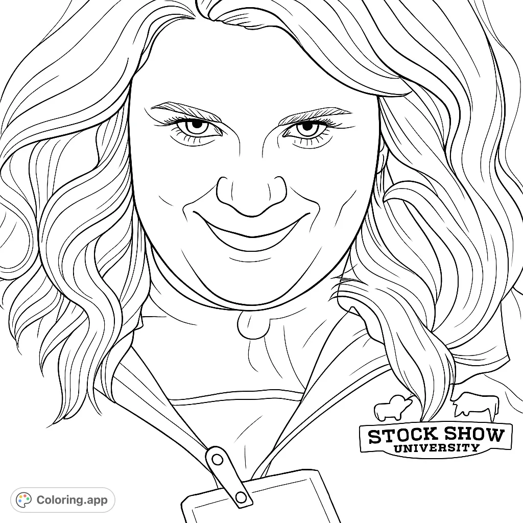 A warm portrait of a smiling woman with wavy hair and a distinctive logo on her clothing, offering a delightful and engaging coloring experience.