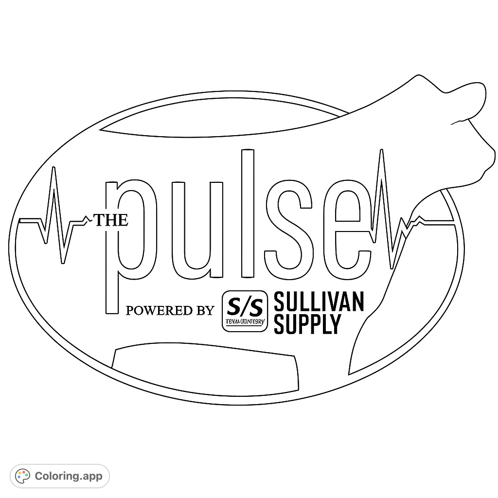 A dynamic coloring page featuring a stylized oval with 'The Pulse' text, a heartbeat line, and a cow silhouette. Perfect for farm and agriculture enthusiasts.
