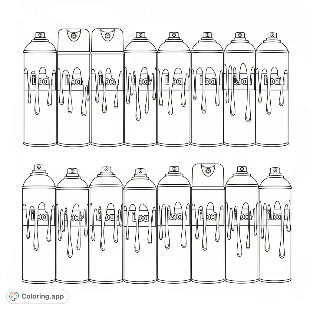 A dynamic arrangement of fifteen aerosol spray cans, each with unique labels and dripping liquid patterns, perfect for creative expression.