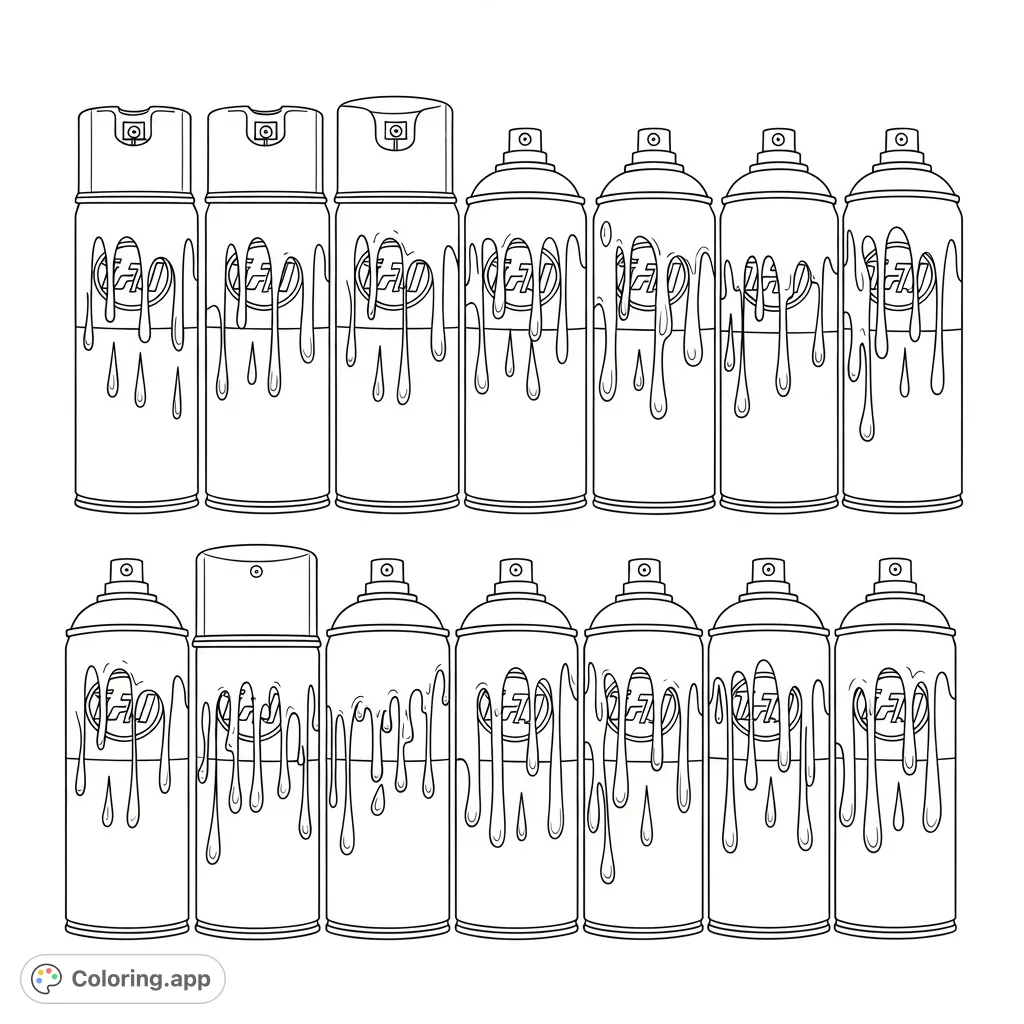A dynamic arrangement of fifteen aerosol spray cans, each with unique labels and dripping liquid patterns, perfect for creative expression.