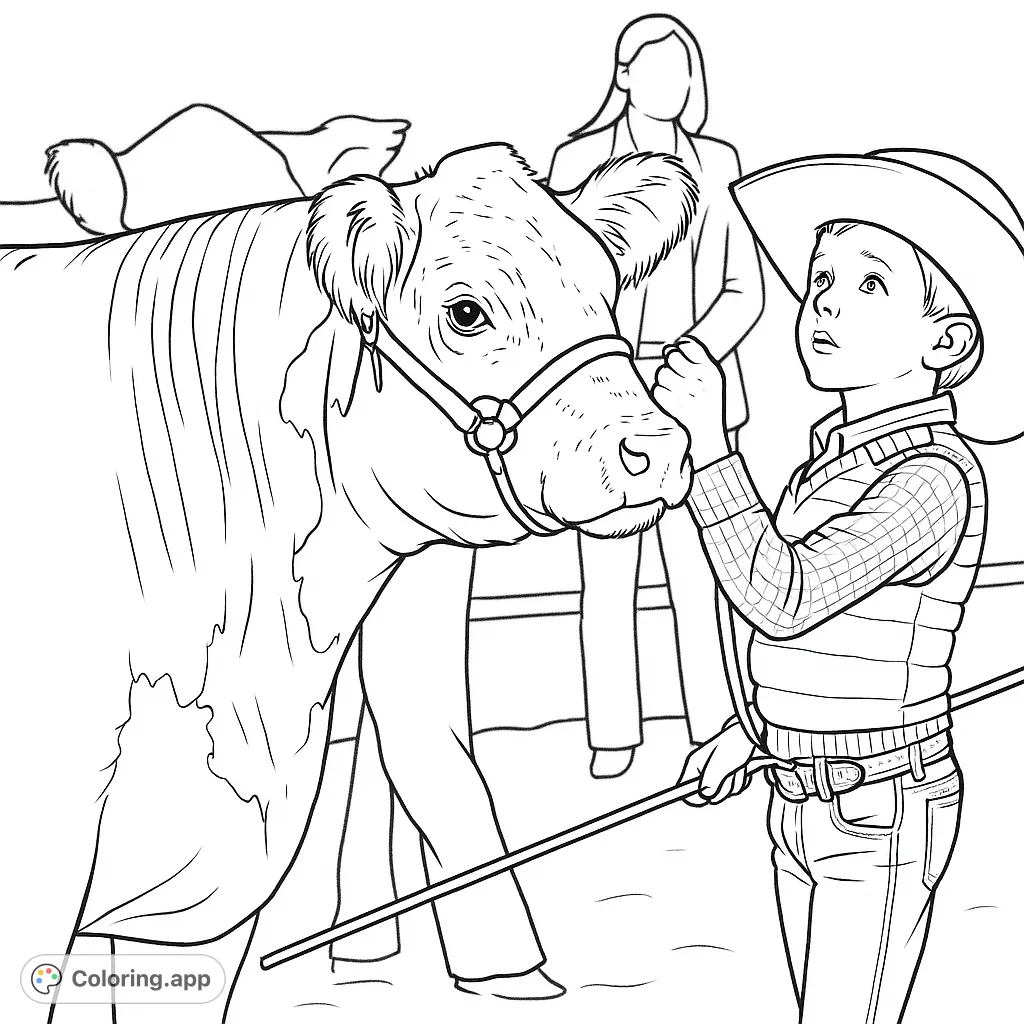 A charming scene featuring a young cowboy proudly presenting his bovine companion at a show. Perfect for farm animal and country life enthusiasts.