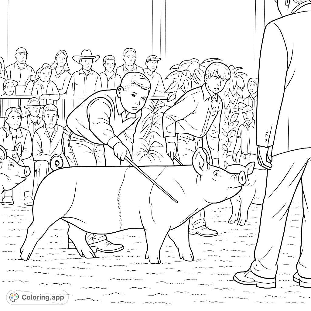 A determined young boy proudly leads his patterned pig at a livestock show. A heartwarming scene of dedication and farm life, ready for your creative touch.