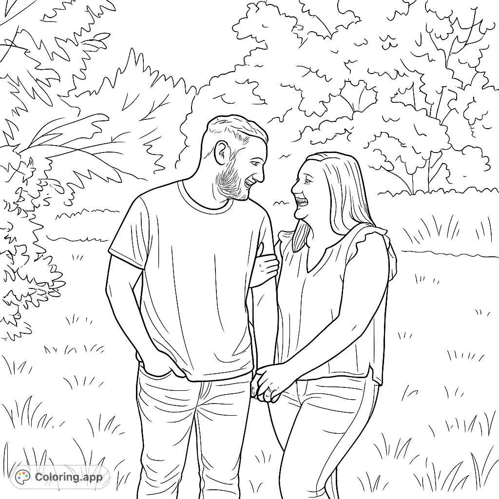 Capture the warmth of a loving couple in a serene outdoor setting. This romantic scene features two individuals smiling and holding hands amidst a grassy field.