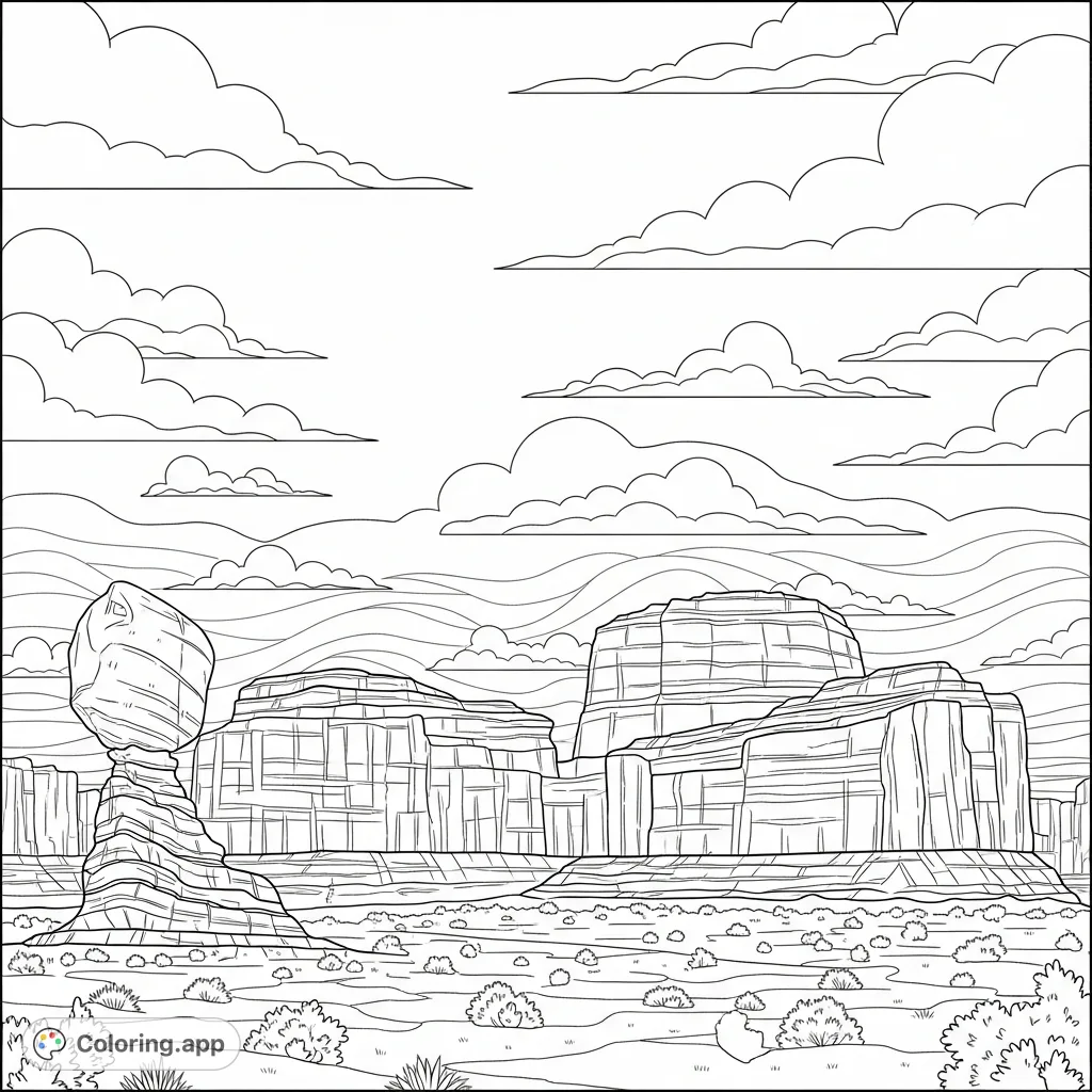 Explore a vast desert with unique balanced rock formations, layered structures, and sparse vegetation under a dynamic sky. A striking free printable desert coloring page.