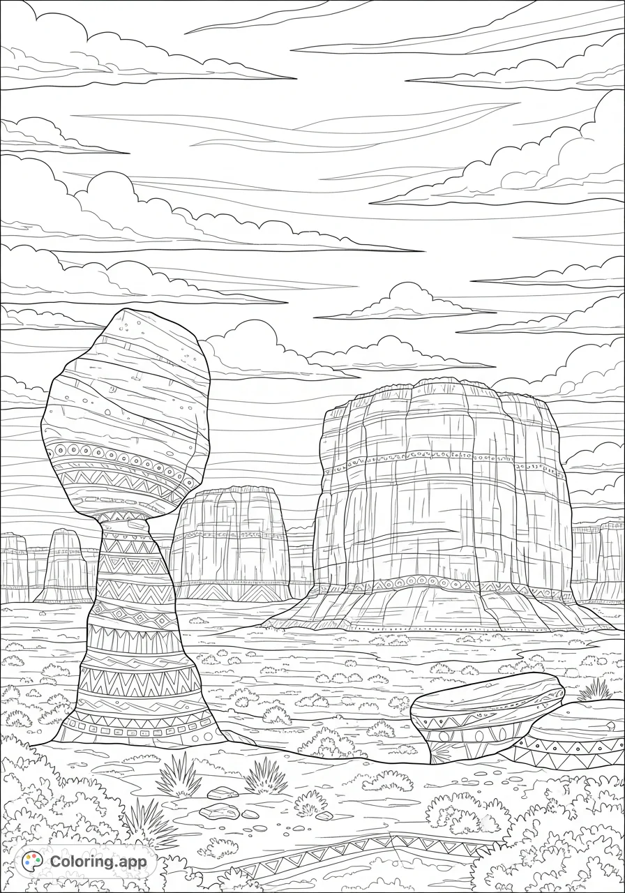Explore a vast desert landscape featuring majestic rock formations, including a precariously balanced rock. A serene and challenging free printable desert coloring page.