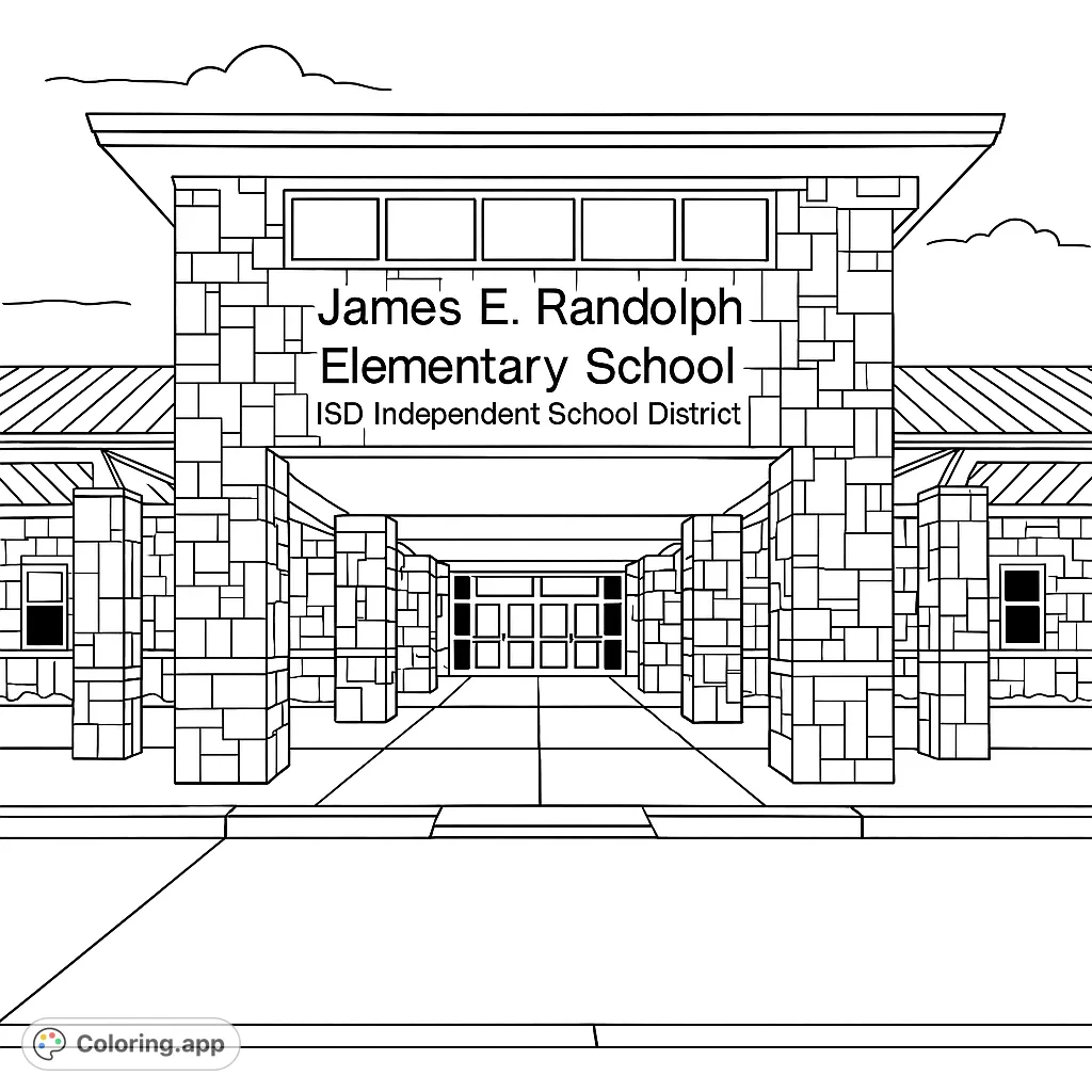 Detailed coloring page of a school entrance with stone pillars, large windows, and a welcoming walkway. Perfect for students and educators.