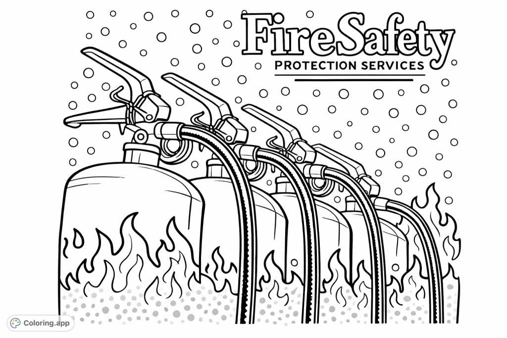 Explore fire safety with this fun, simple coloring page featuring a line of friendly fire extinguishers. Perfect for teaching important safety lessons through creative play!
