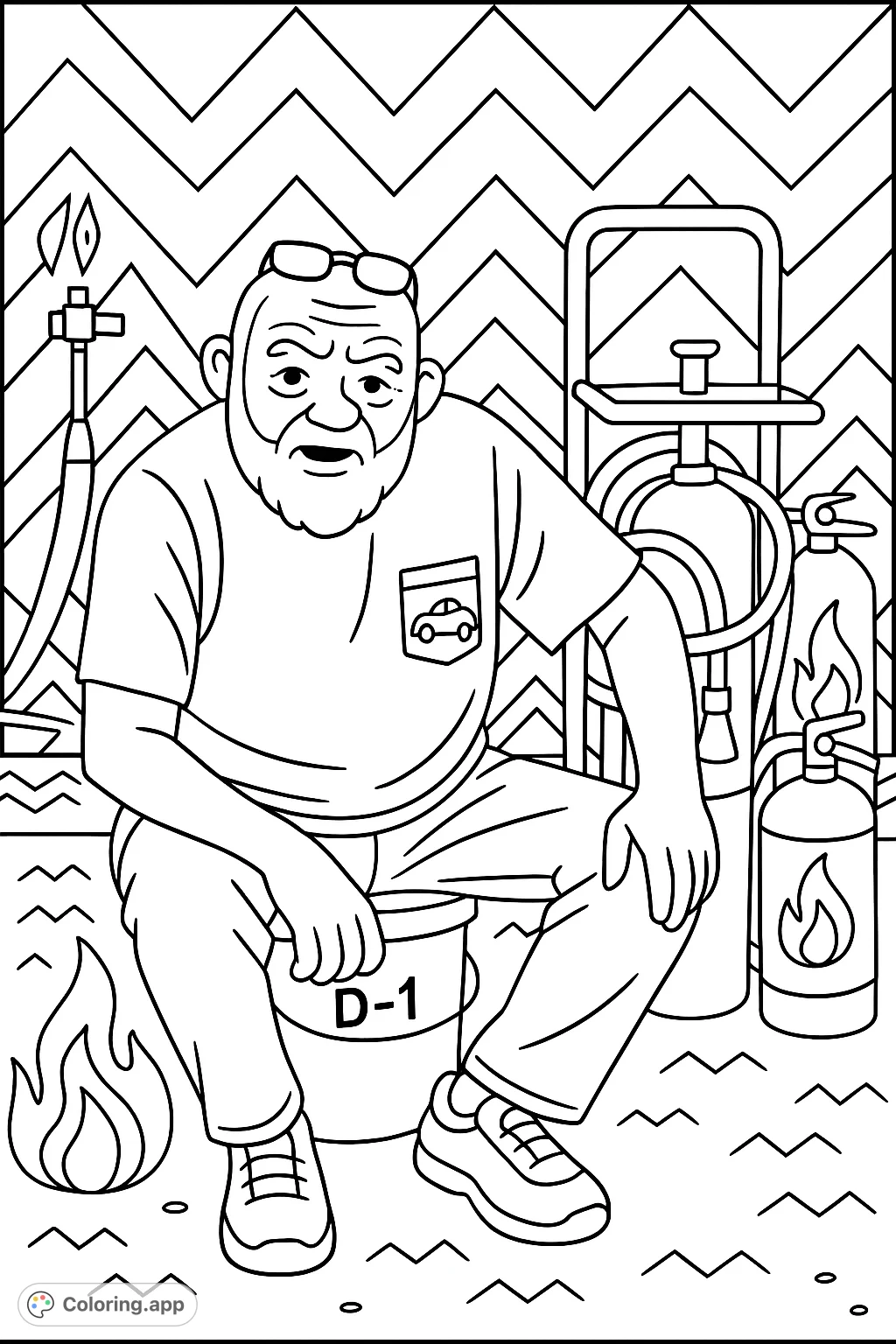 A friendly, bearded man sits amidst fire safety equipment, ready for a fun coloring adventure. Features bold outlines and geometric patterns.