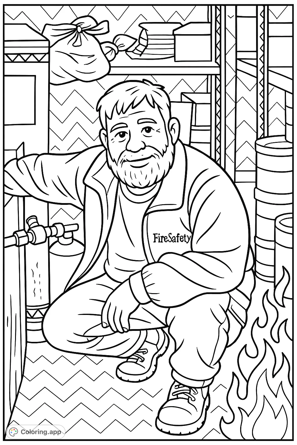 A cartoony man crouches in a detailed workshop, surrounded by tools and containers, with a whimsical fire element. Perfect for a storybook adventure!