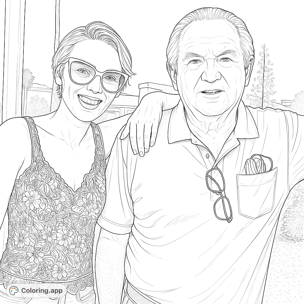 Capture a heartwarming moment with this generational bond coloring page. Features a smiling woman and man, perfect for celebrating family connections and shared joy.