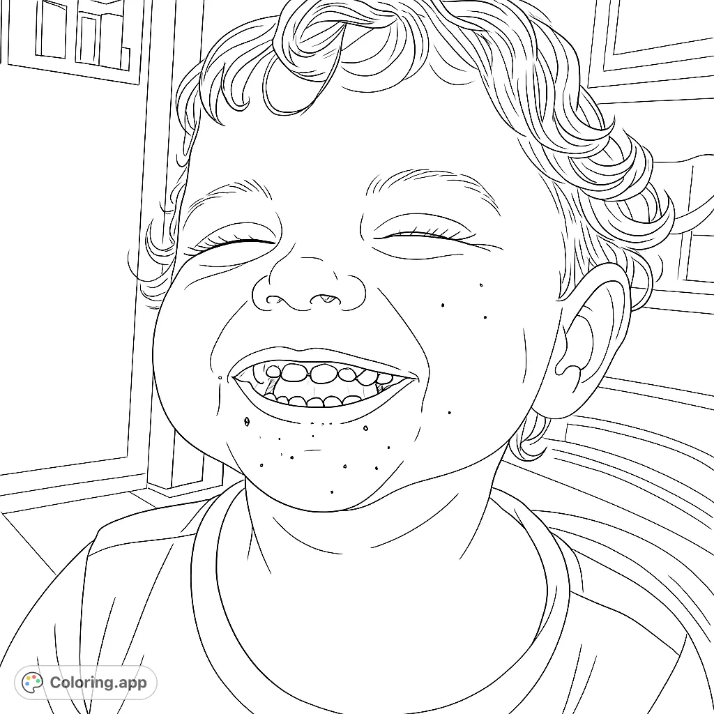 A delightful coloring page featuring a happy child with a silly, winking expression and smudges around the mouth, ready for creative coloring fun.