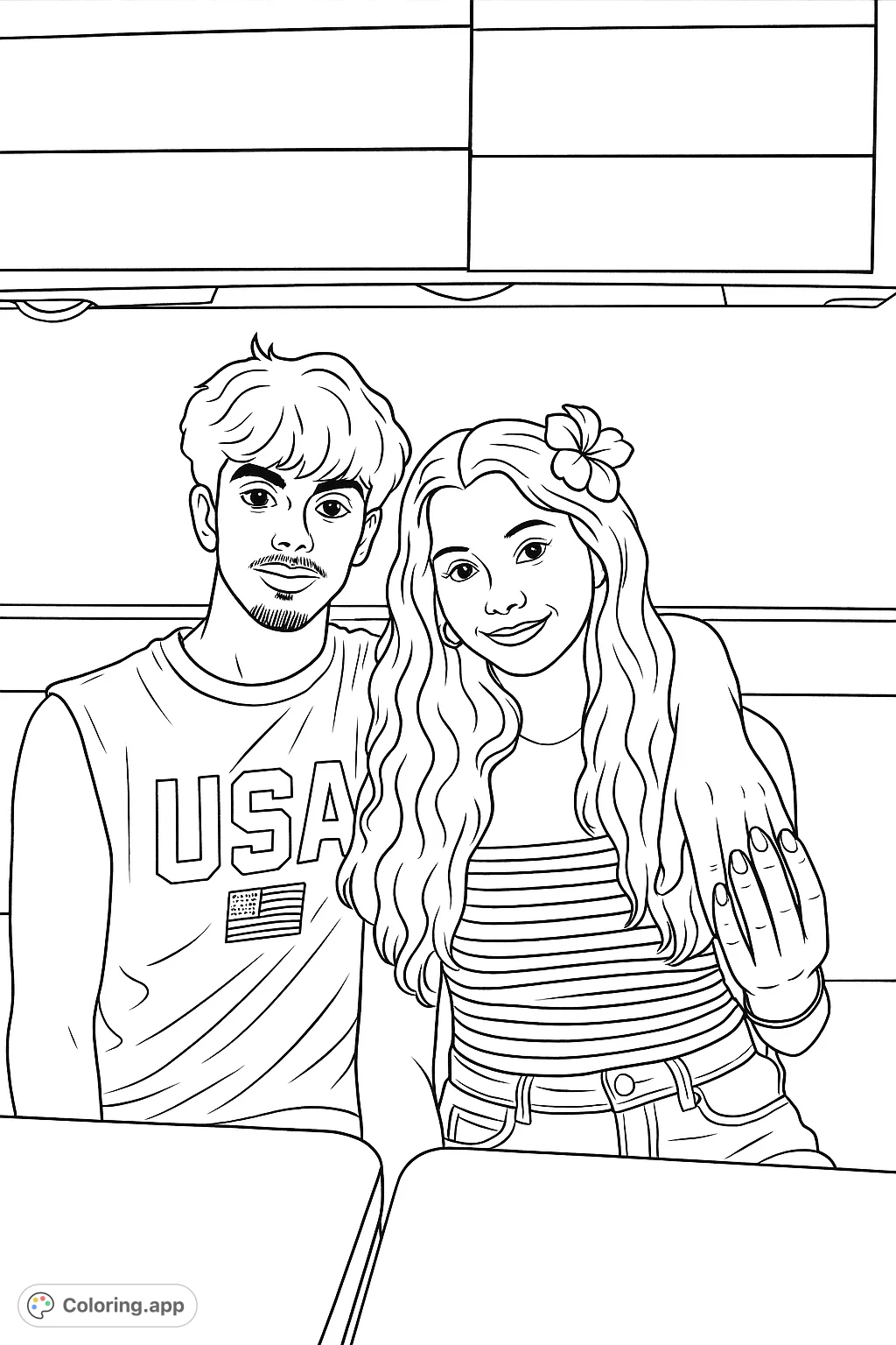 A heartwarming coloring page featuring two friends seated together, perfect for celebrating companionship. Features a young man and woman in a casual setting.