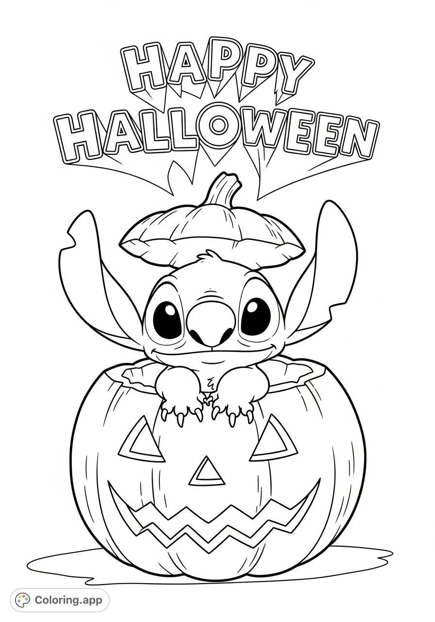 A delightful Stitch coloring page featuring the lovable alien nestled inside a carved Halloween pumpkin with "HAPPY HALLOWEEN" text. Perfect for festive fun!