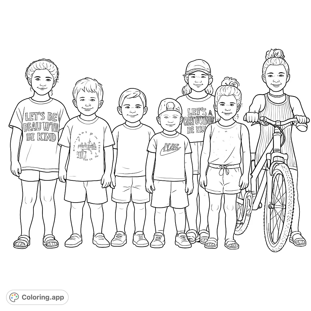 A cheerful group of children, some with a bicycle, ready for a fun day. Perfect for kids to color and imagine their own adventures.