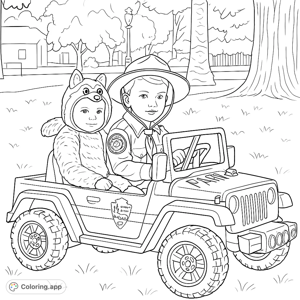 Embark on an outdoor adventure with two children: a little park ranger and a charming wolf cub, cruising in their toy utility vehicle through a park. Perfect for imaginative coloring!