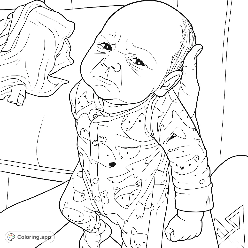 Capture the charm of a newborn baby with a curious expression, held gently by loving hands. Features a cute animal-patterned onesie and soft background elements.